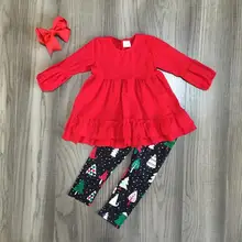 Новое поступление, осенне-зимняя одежда с рождественской елкой детская одежда из хлопка красные и черные штаны с оборками брюки-клеш с оборками и бантом