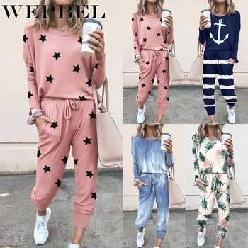 

WEPBEL Women's Clothes Set Loose Stars Printed Long-Sleeved Casual Suit Full Sleeve Top + Long Pants Suit