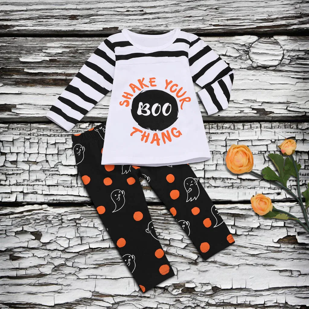 

Girls Boutique Outfits Stripe T Shirt Pumpkin Pants Halloween Costume Outfits Toddler Kids Baby Girl Set Roupas Infantis Menina