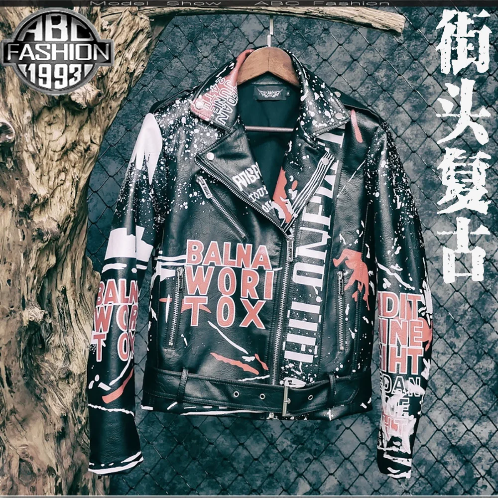 

FERNER 2019 New Motorcycle Hand Drawn Letter Leather Jacket Men's Hip-hop Punk Slim Belt Leather Jacket Coat LeatherJacket Man