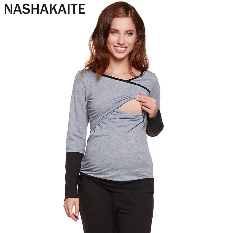 NASHAKAITE/Одежда для беременных; ; повседневные Лоскутные Топы с рукавами и пуговицами для грудного вскармливания; Топ для беременных женщин