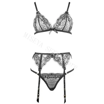 

Ultra-thin Transparent Bra and Panty with Garter Women Underwear Lingerie Set Exquisite Handmade Embroidery Lace Intimates