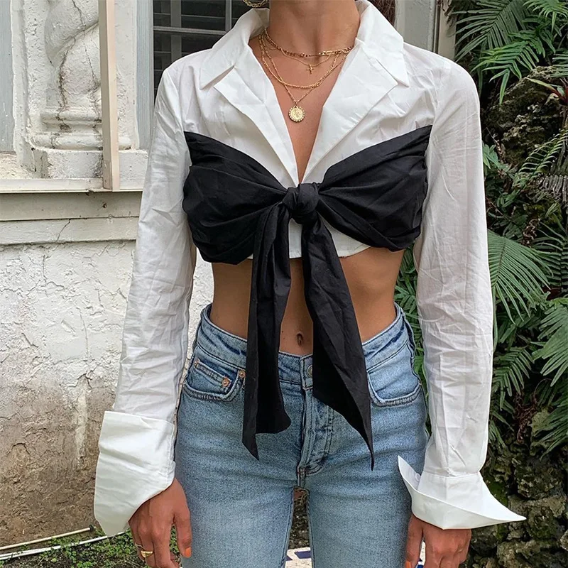 

Solid Patchwork Strappy Cropped Shirts Women Vintage 2019 Autumn Long Sleeve Tee Shirts Ladies Blouses cwa0205-5