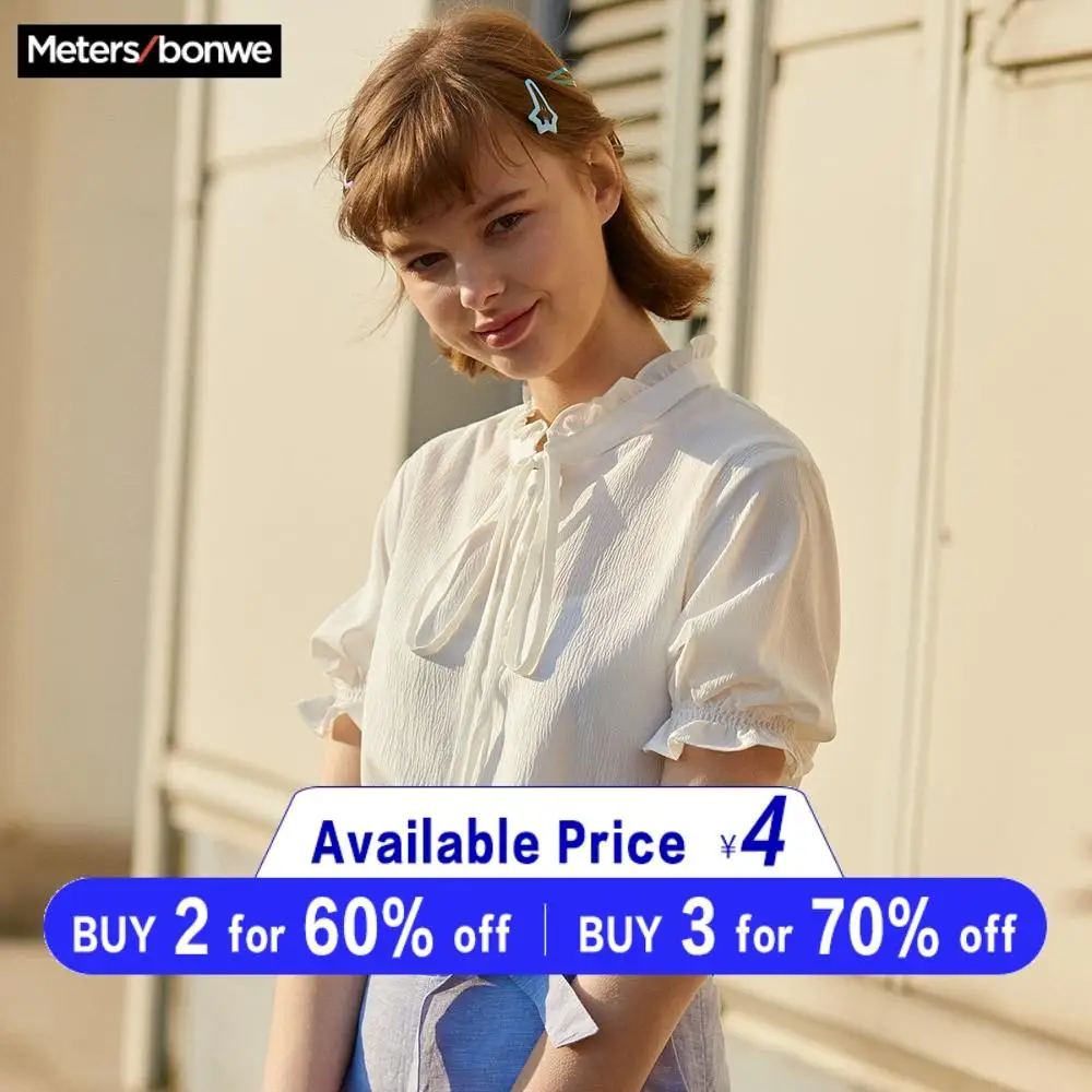 Achat Metersbonwe femmes Blouses col à lacets mode manches courtes bouffantes en vrac doux filles étudiant officiel Blouse chemise décontracté hauts