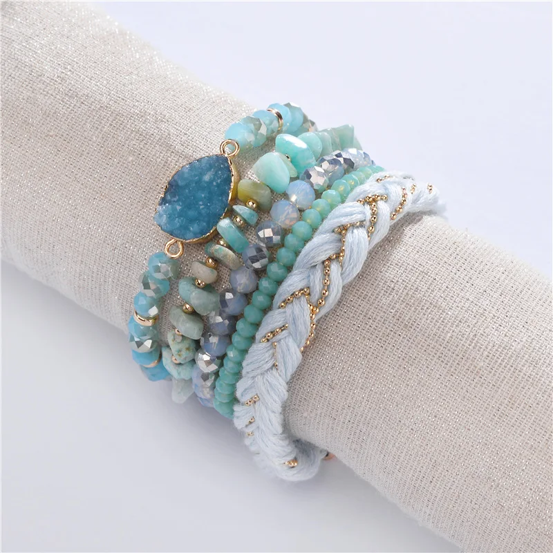 

5 Pcs/ set Pink Natural Stone Beads Crystal Crochet Fringe Tassel Bangle Bracelet for Woman Jewelry