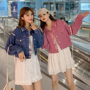 

Denim Jacket Female Autumn Short Loose Korean Version Small Mini Jackets Female Outwear Tops Single Breasted Casual