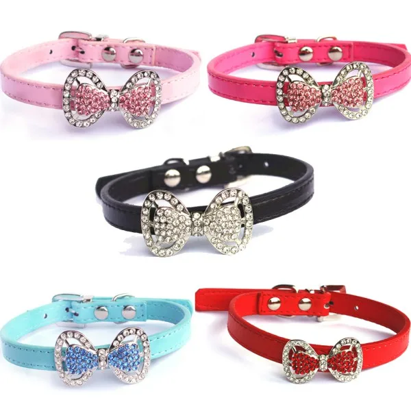 Pet Collier de compagnie ошейник для щенка PU кожа горный хрусталь лук ожерелье