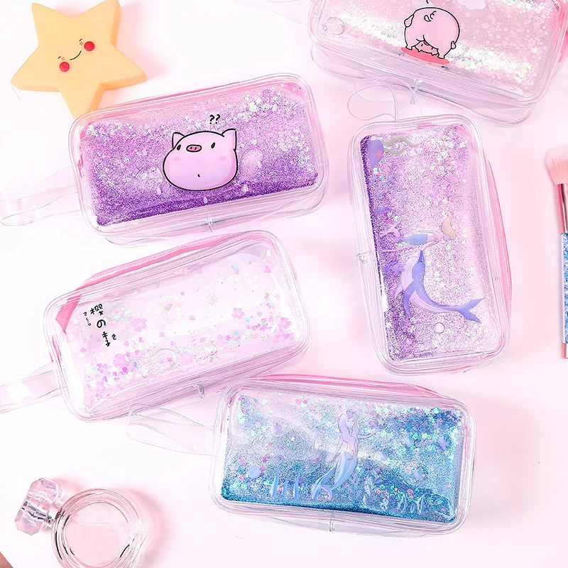 

Fashion 1PC Zipper Cosmetics Bag Makeup Pouch Transparent High Capacity Cases Storage Bag Quicksand Pencil Case