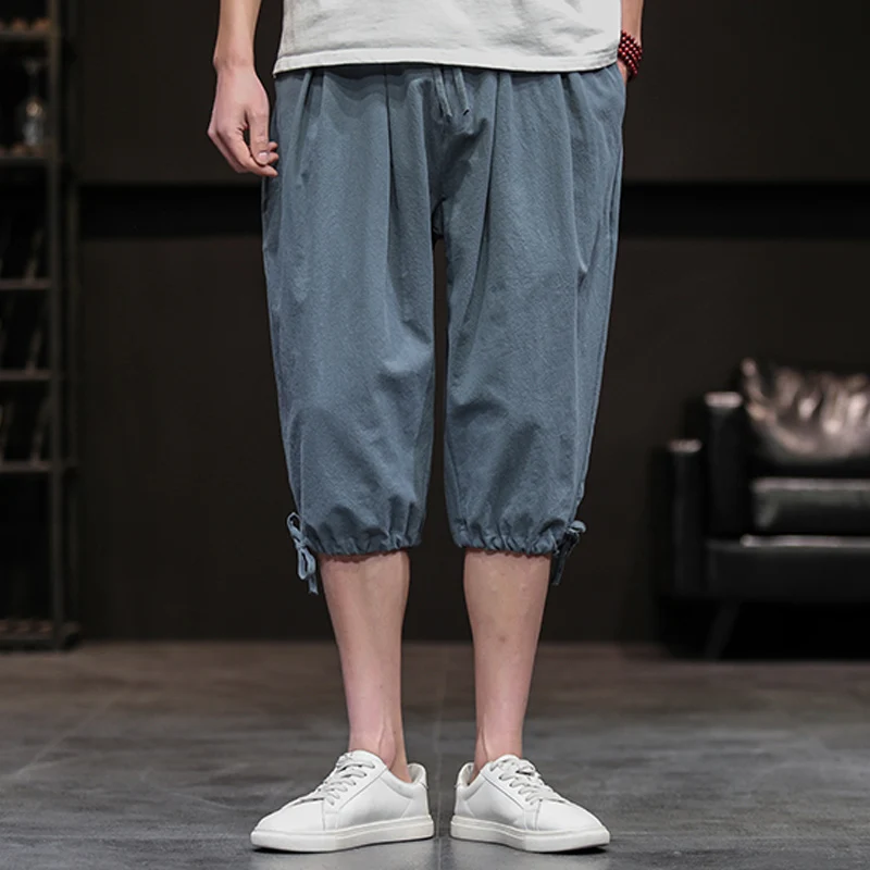 Cotton Leisure Athletic Seven-cent Pants Summer Men's shorts Casual Loose Cropped Trousers Sports Shorts Loose Knit Straight Cas drop crotch harem pants