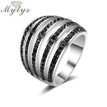 

Mytys New Arrival Female Ring Black Zircon White Gold Color Retro Design Antique Ring R1028