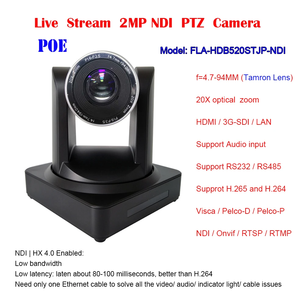 

Black 1080p 20x Optical zoom 3G-SDI HDMI Low latency NDI Video PTZ Camera IP POE Supported