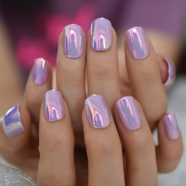 Punk Rock Style Metallic Pastel Purple Fake False Nails Metal Plating Acrylic Short Mirror Press on Nail Art Tips