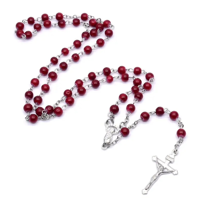 6 мм стеклянные четки бусины Иисус крест кулон ожерелье Шарм цепь ювелирные изделия Христос - Цвет: red