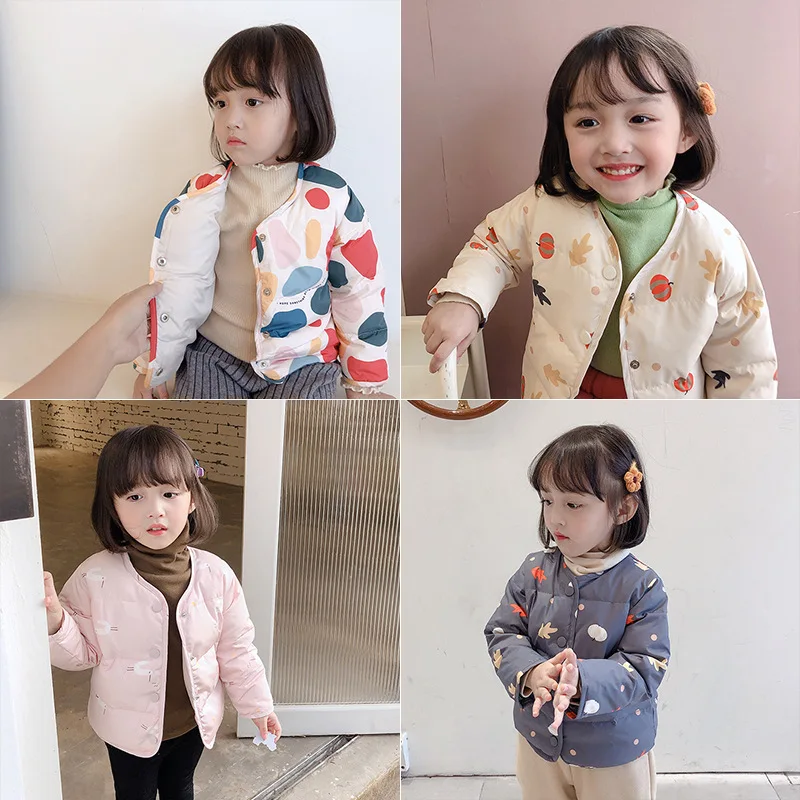 

Winter 2019 New Kids Down Inner Cartoon Long Sleeve Top Clothes Children Girls Colored Single Breasted Warm Coat Inner Jackets