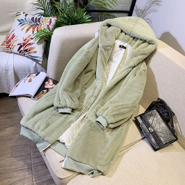 light green Зимнее пальто из искусственного меха женская парка длинная теплая куртка из искусственного меха пальто с капюшоном свободное зимнее пальто верхняя одежда больших размеров 3XL - Цвет: light green
