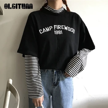 

2020 Patchwork Women Spring Korean Tops Striped Loong Sleeve Letter Printed Chic Turtleneck Basic Girls T-Shirt