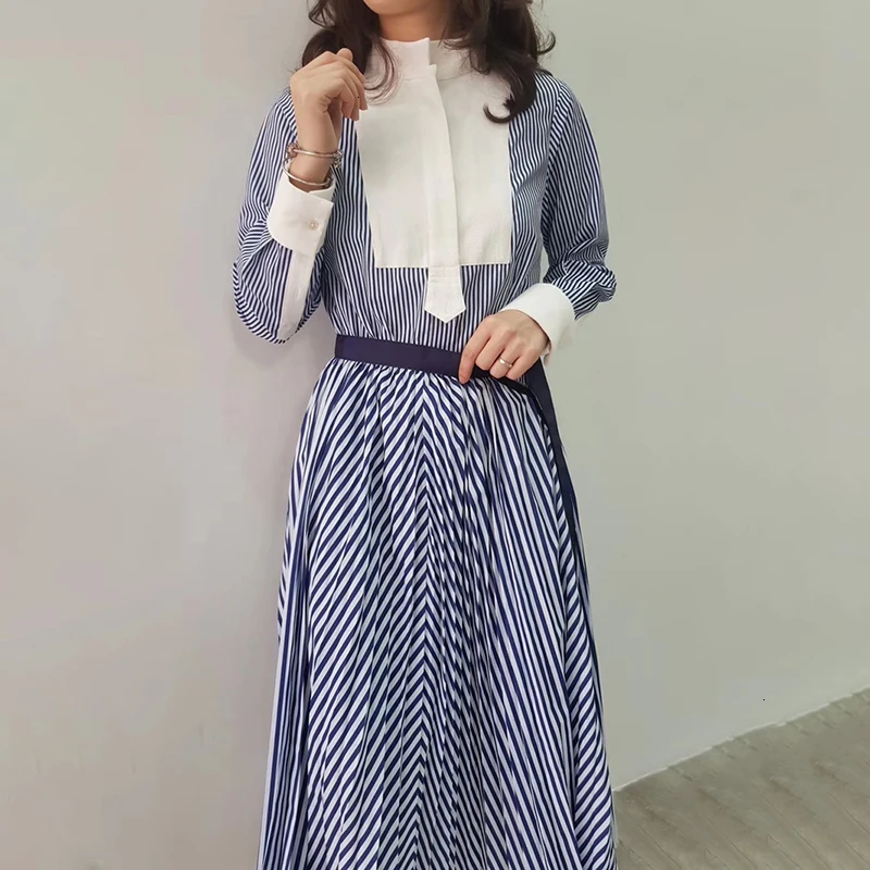 CHICEVER повседневные полосатые популярные цветные платья для женщин со стоячим воротником с длинным рукавом с завышенной талией и асимметричным подолом платье для женщин одежда