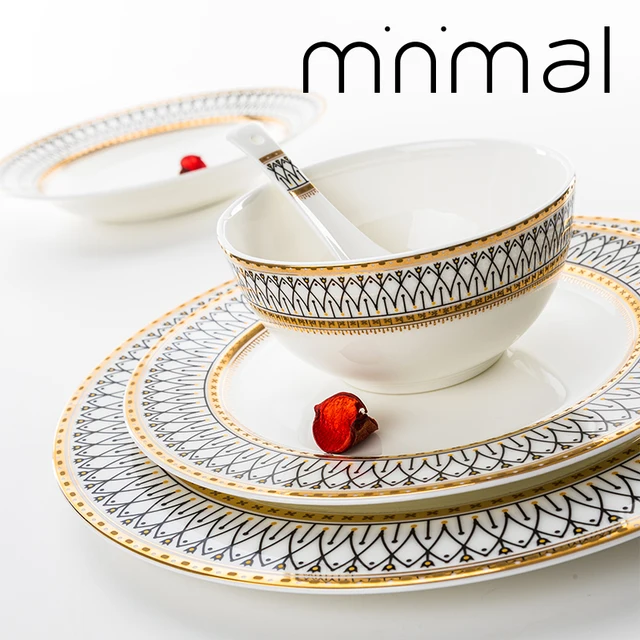 Finom Csont Kerek Aranyütemű Kerámia Vacsora Tányér Porcelán Steak Asztali Edények Rizsleves Tál Kanál Edény Otthoni Dekoráció - Image 3