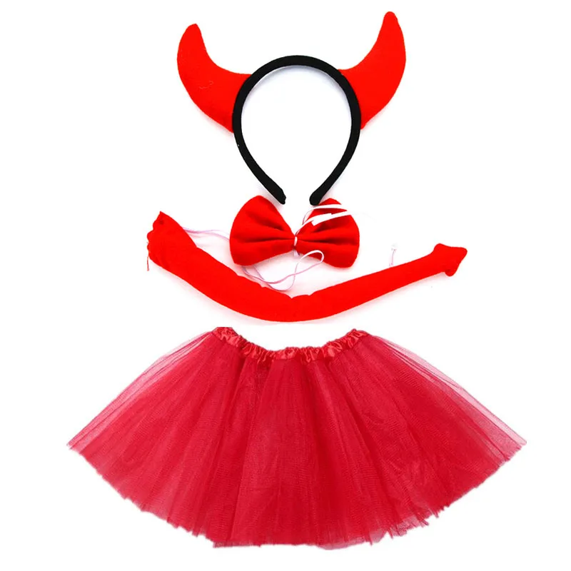 Girl Devil demon Cosplay Headband Tutu Skirt Tie Tail Set Party Props Baby Shower Toy Birthday Gift Halloween Costume for Kids|Костюмы для