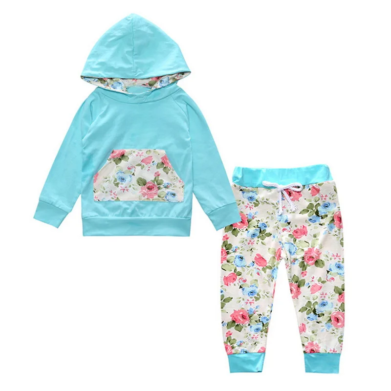 Sfit/детский осенний Повседневный Спортивный костюм из двух предметов с цветочным принтом для маленьких девочек свитер с капюшоном и длинными рукавами, штаны хлопковый костюм