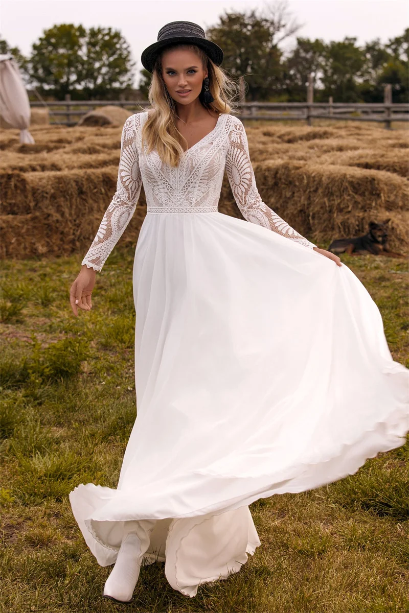 

Roycebridal Chiffon V Neck Long Sleeve Bridal Dress Sweep Train Lace Open Back Bohemian Boho Beach Wedding Dress Wedding Gown