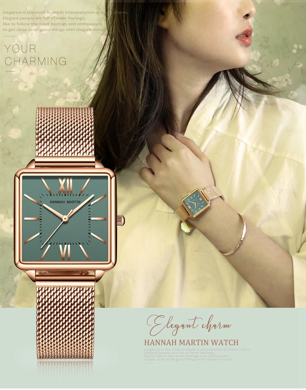 Japan Quartz Movement Green Dial Roman Square Watches Case Stanless Steel Fashion Wristwatch Ladies Rose Gold Watches For Women -Hb30e5f3a435c4f47b7b4567c0271289bq