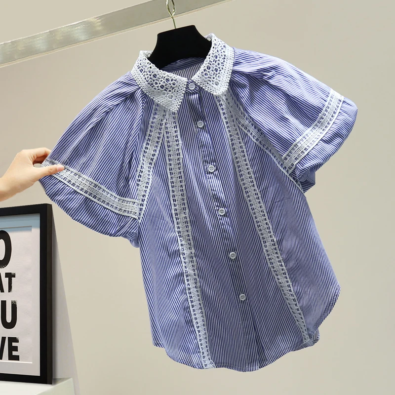 

Women Blouses 2020 Summer Korean Style Elegant Lace Short Sleeved Striped Puff Sleeve Casual Shirt Lady's Blouse Blusas De Mujer