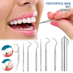3/7Pcs/set Stainless Steel Toothpick Set Portable Clean The Oral Toothpick Outdoor Household Travel Seal Storage Container Box
