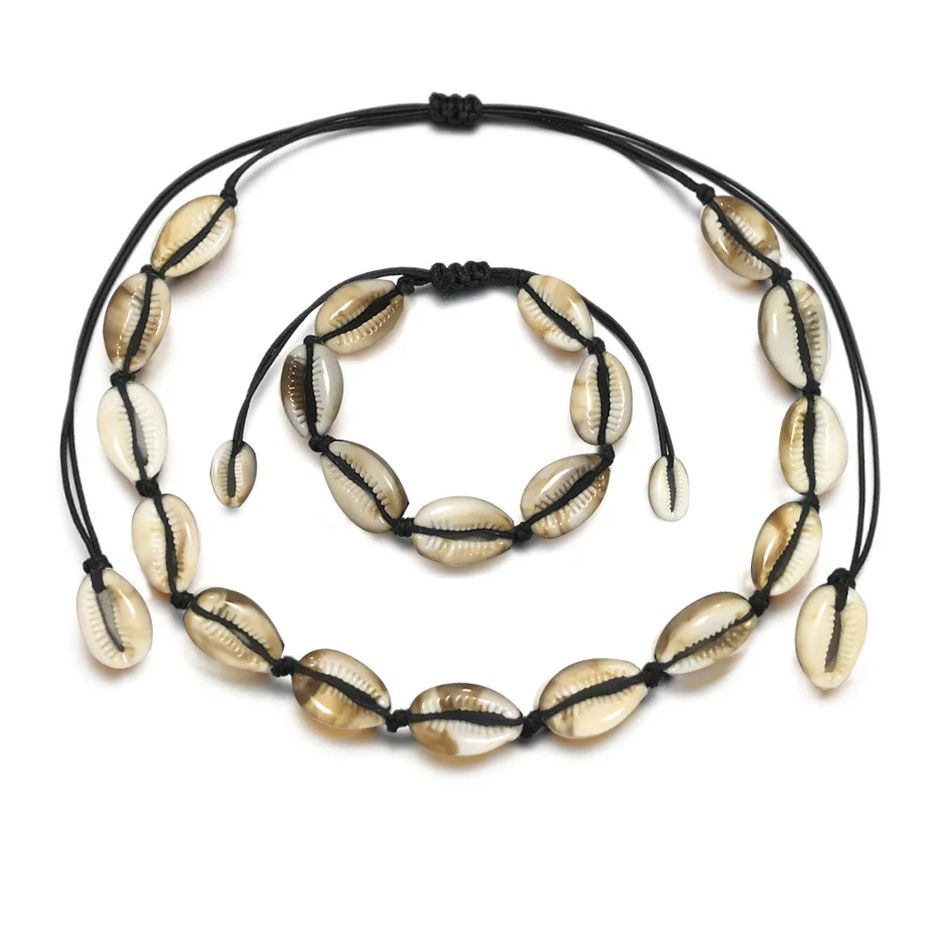 1 Set Smelly Cat Natural Shell Bracelet Necklace Set for Women Delicate Rope Chain Beads Charm Bracelet Bohemian Beach Jewelry - Окраска металла: 1 Set