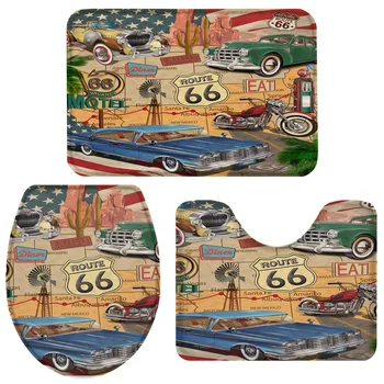 

3 Pieces Bathroom Set Retro Route 66 Poster Bath Set Toilet Cover Mat Pedestal Rug Non-Slip Bathroom Rug Set