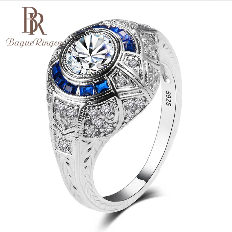 Bague Ringen, круглое серебряное 925 Ювелирное кольцо с камнями для женщин, сапфир, циркон, размер 6, 7,8, 9,10, этнический стиль, Подарок на годовщину