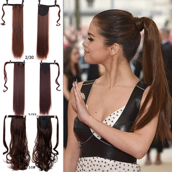 

DIANQI high resilience Straight wave around hair clip in fake hair brown ponytail hairpiece synthetic hair clips tail extension
