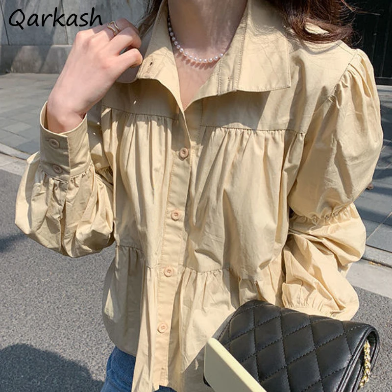 

Shirts Women Design Tops Shirring Lantern-sleeve Simple All-match Girls Clothing Elegant Lovely Streetwear Holiday Popular Ins