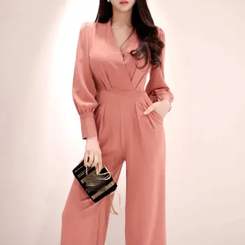 

Office Ladies V-neck Sashes Women Jumpsuits Stylish Lantern Sleeve Slim Waist Female Wide Leg Pant Playsuit 2020