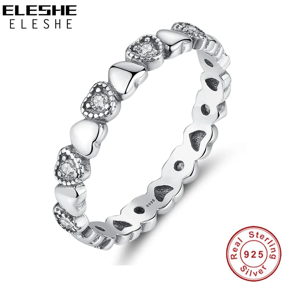 ELESHE Оригинальное 925 пробы Серебряное кольцо на палец, с украшением в виде кристаллов стекируемые «любовь навсегда» Сердце кольца для Для женщин свадебное украшение бижутерия