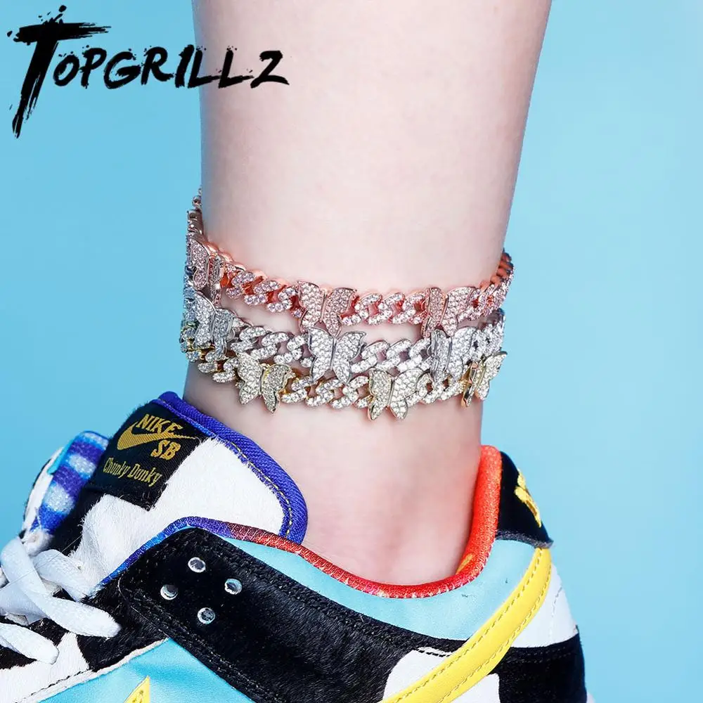 TOPGRILLZ Butterfly Chain 8MM Anklet Cuban Chain Anklet Iced Out Cubic zirconia Anklet Hip Hop Charm Jewelry For Gift 9“10 TOPGRILLZ Butterfly Chain 8MM Anklet Cuban Chain Anklet Iced Out Cubic zirconia Anklet Hip Hop Charm Jewelry For Gift 9“10