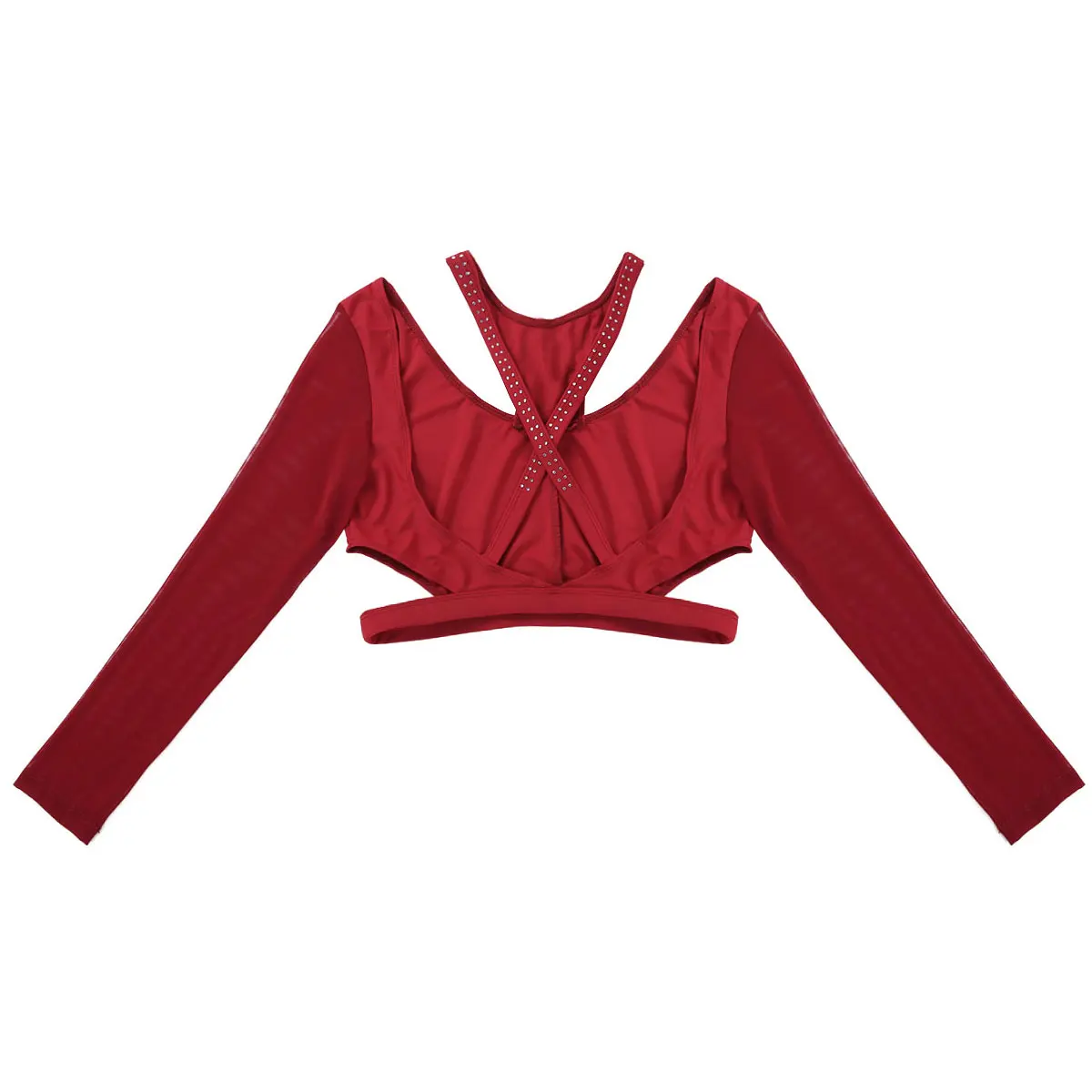 ChicTry Женская Одежда для танцев, блестящие стразы, длинные рукава, сзади крест, топы, гимнастика, балет, сценический танцевальный костюм