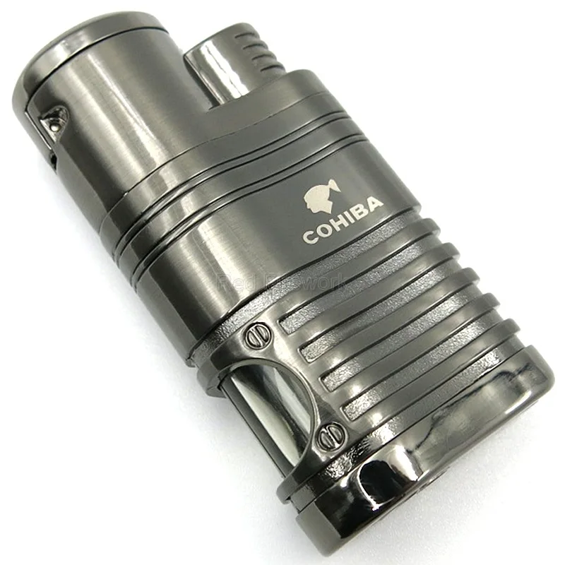 Зажигалки COHIBA из нержавеющей стали, ветрозащитные, 4 синих пламени, огонь, струйный фонарь, сигарета, зажигалка с газовым окном, портсигар - Цвет: Black