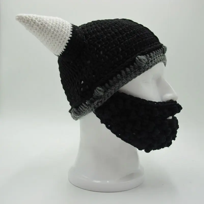 Men's Vikings Helmet Hat Horn Beard Handmade Knit Winter Cap Warm Beanie Halloween Gift Vicking Party