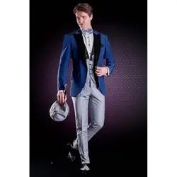 Latest Black Peak Lapel Men's Blue Suits Hot Sale Custom Made Single Breasted Bridegroom Wedding Wear Blazer 3 Pieces Skinny