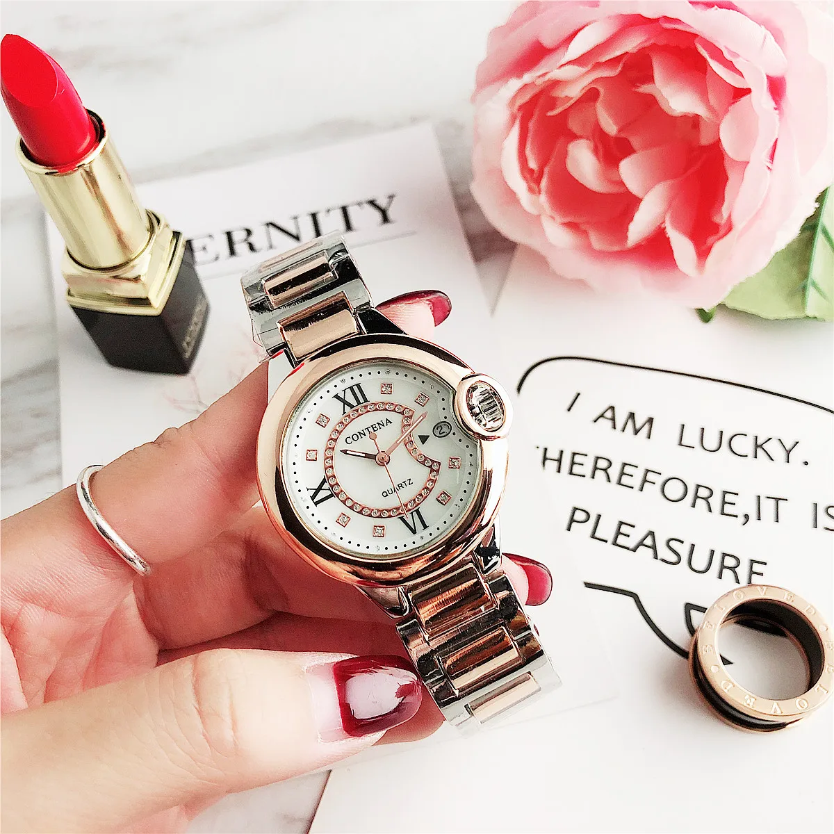 Contena Роскошные Montre часы Femme модные женские Стразы с логотипом красивые кварцевые часы Mujer Crystal Relojes
