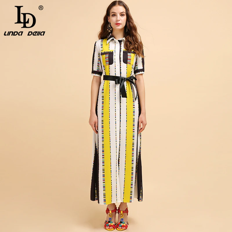 

LD LINDA DELLA Fashion Runway Summer Autumn Sets Women's Short Sleeve Striped Printed Bow Tie Elegant Casual Maxi Long Dresses