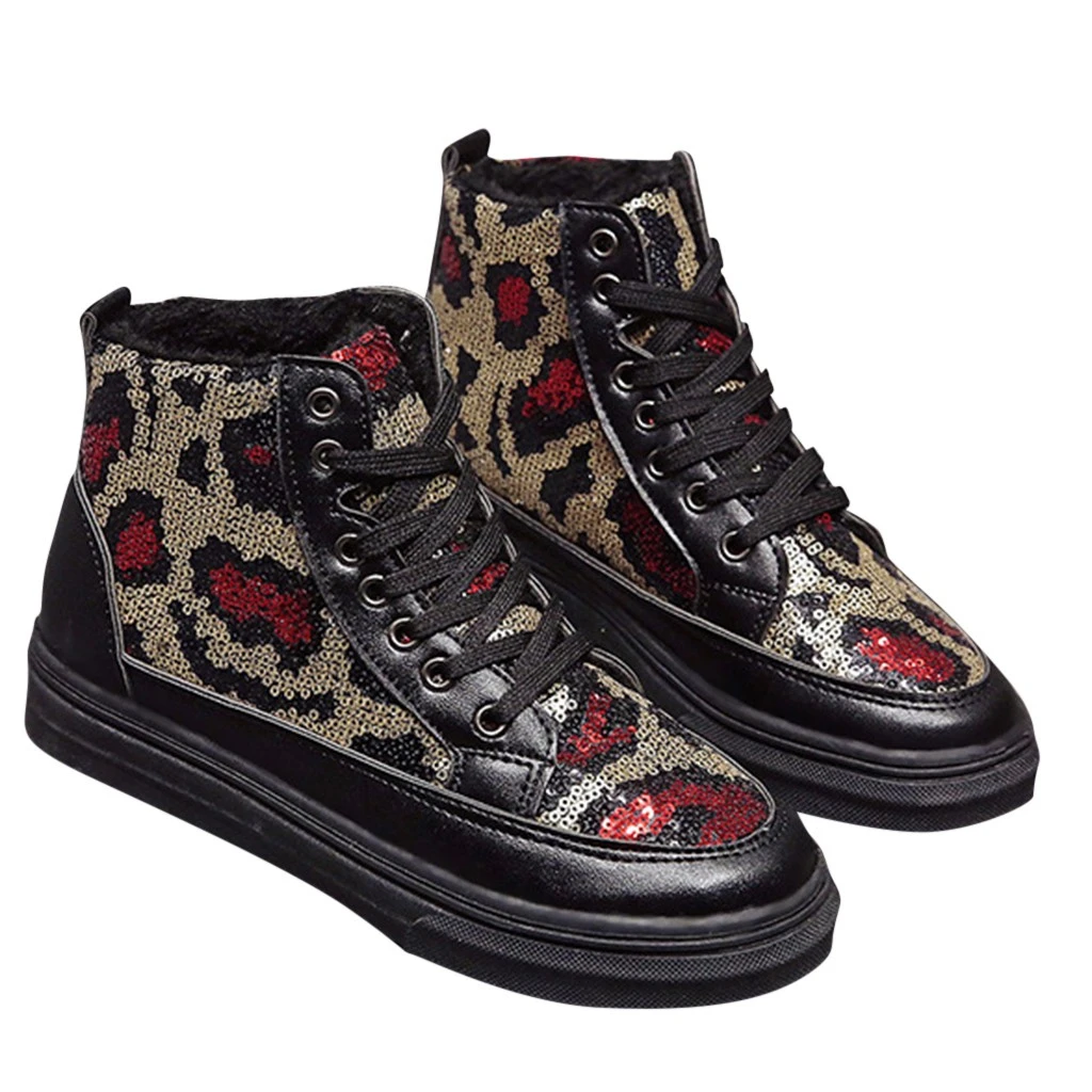 

SAGACE Fashion Women Ankle Boots 2019 Autumn Female Shoes Sequins Leopard Lace Up Flat Platform Round Toe Buckle Strap 1122