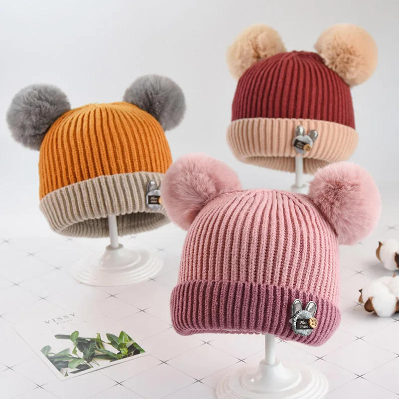 Зимний милый теплый детский мультяшный медведь вязаные шерстяные шапки с отворотом с мячом для новорожденных девочек и мальчиков