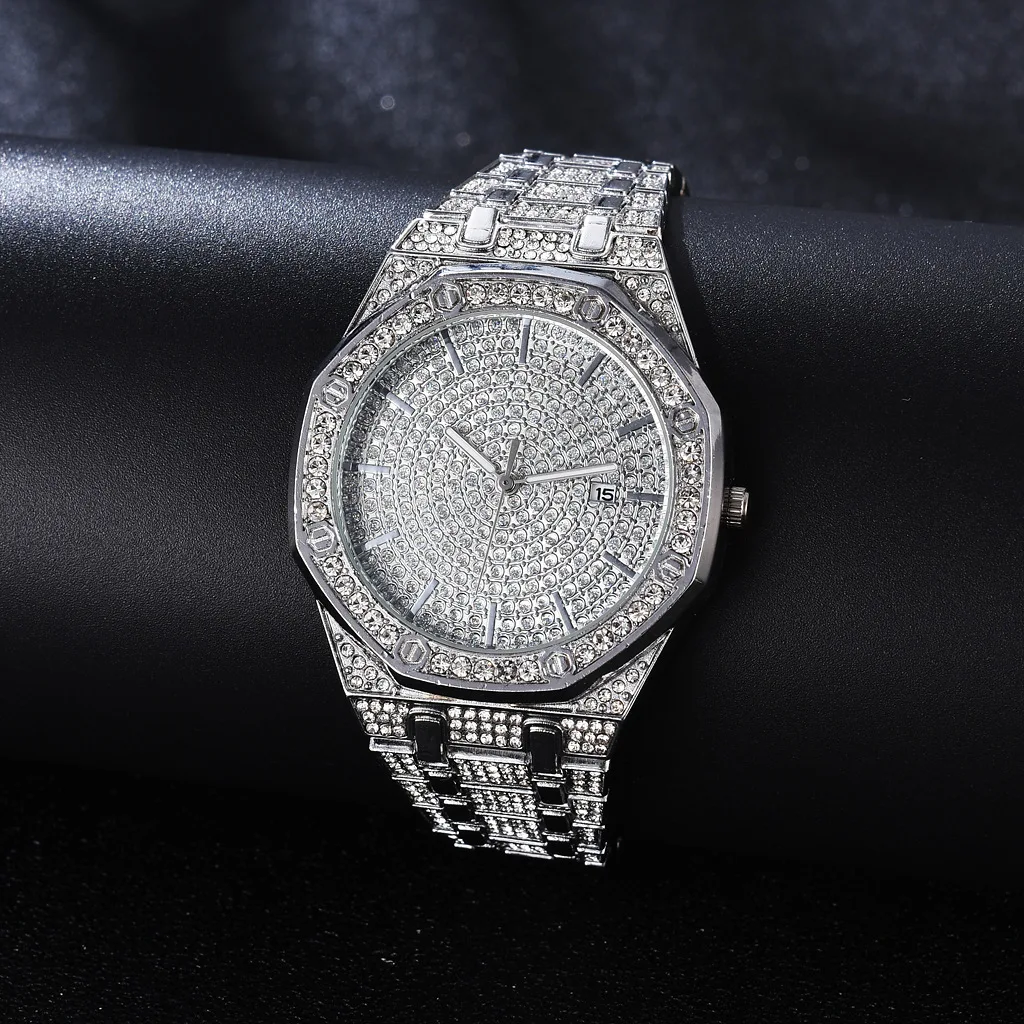 Iced Out Watch Necklace for Men 2pcs Luxury Diamond Watch Men Bling Fashion Hip Hop Jewelry Set Mens Gold Watches Date Relogio