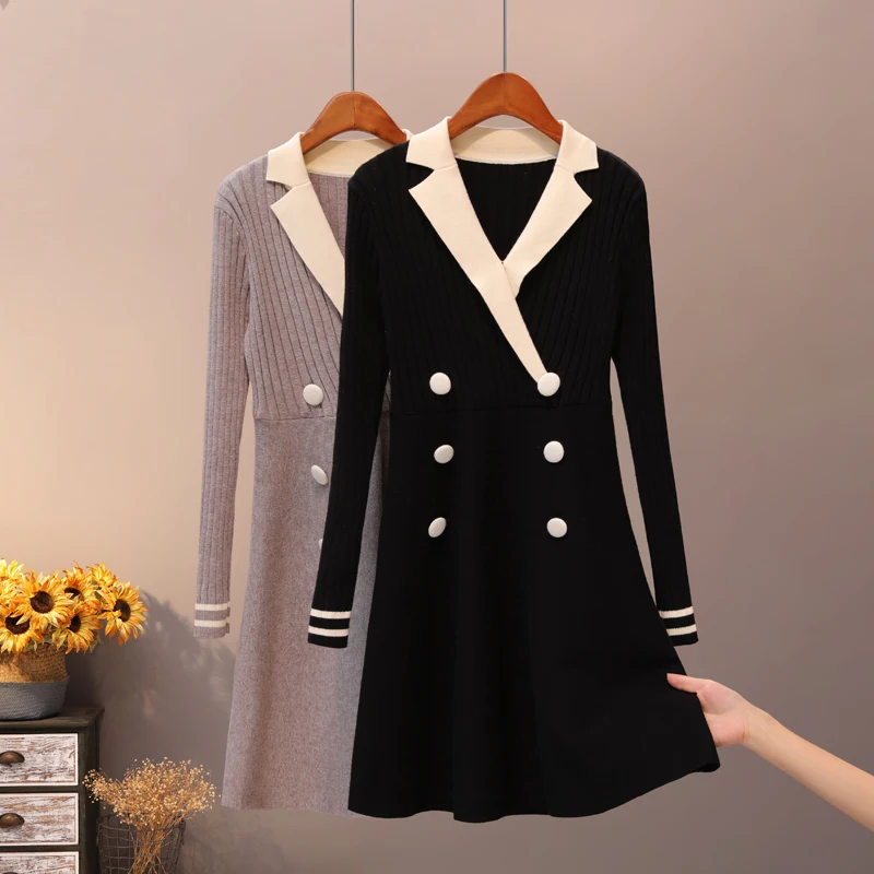 

Autumn New Waist-Receiving Slender Attribute Suit Neck Knitting Colour V-collar Middle-length A-shaped
