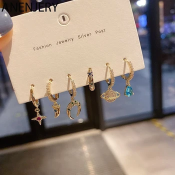 

ANENJERY 2020 New Universe Planet Star Moon Hoop Earrings Set for Women 6-piece Christmas Jewelry With Colorful Zircon S-E1282