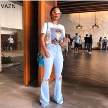 VAZN/ г. Весенние модные высокие уличные Женские однотонные рваные с высокой талией длинные ботинки с вырезами джинсовые брюки женские открытые узкие брюки SY0306