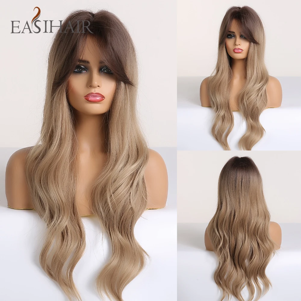 EASIHAIR Long Wave Dark Brown Synthetic Wigs for Women Cosplay Wigs With Bangs Heat Resistant Pink Wigs High Temperature Fiber