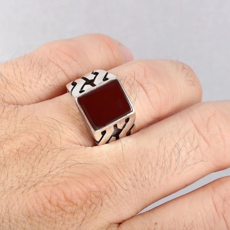 Fashion Men's Black Red Square Drop Glaze Hollow Ring Silver Vintage Punk Bike Party Jewelry Fashion Men's Black Red Square Drop Glaze Hollow Ring Silver Vintage Punk Bike Party Jewelry